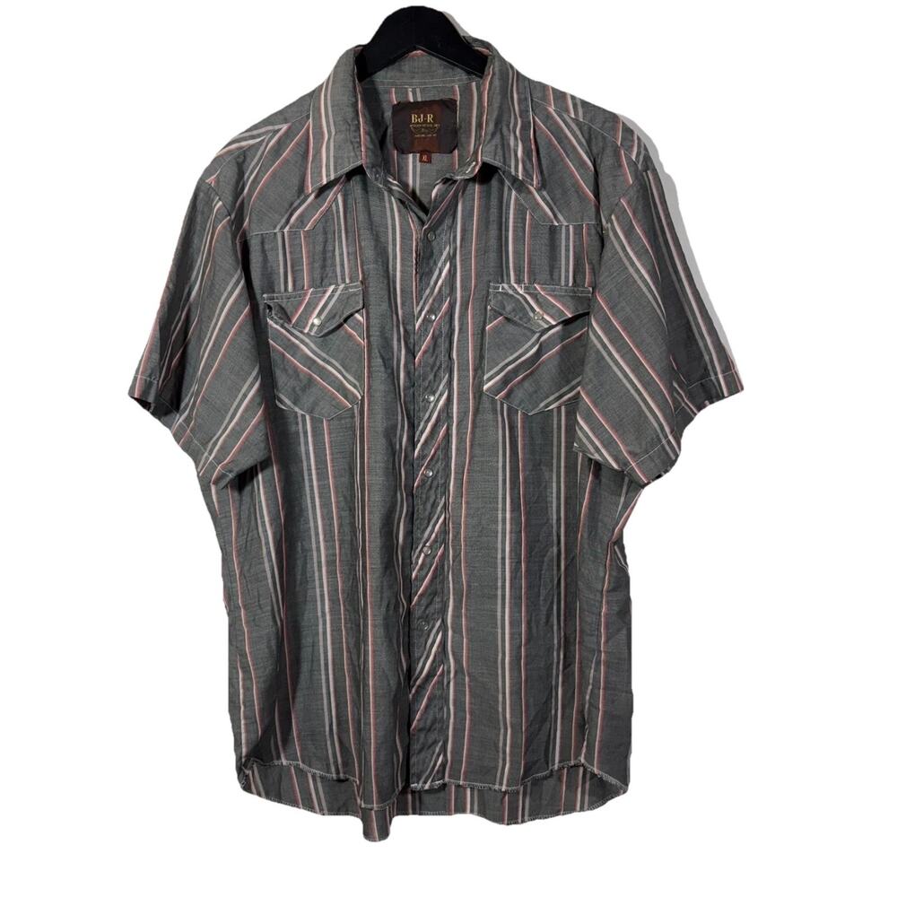 Vintage BJ-R Western Shirt Extra Large Gray Stripe Long Tail Pearl Snap Form Fit